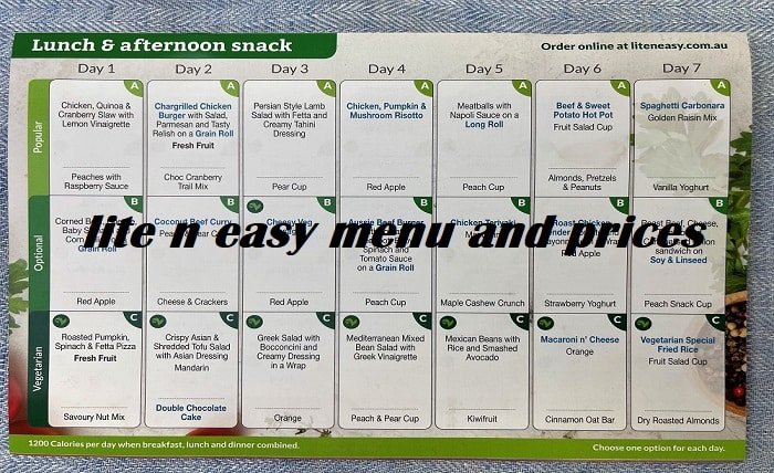 lite n easy menu and prices